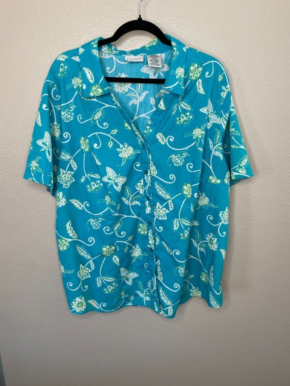 White Stag Womens Plus Teal Button-Up Floral Short Sleeve Top 18W/20W Vintage